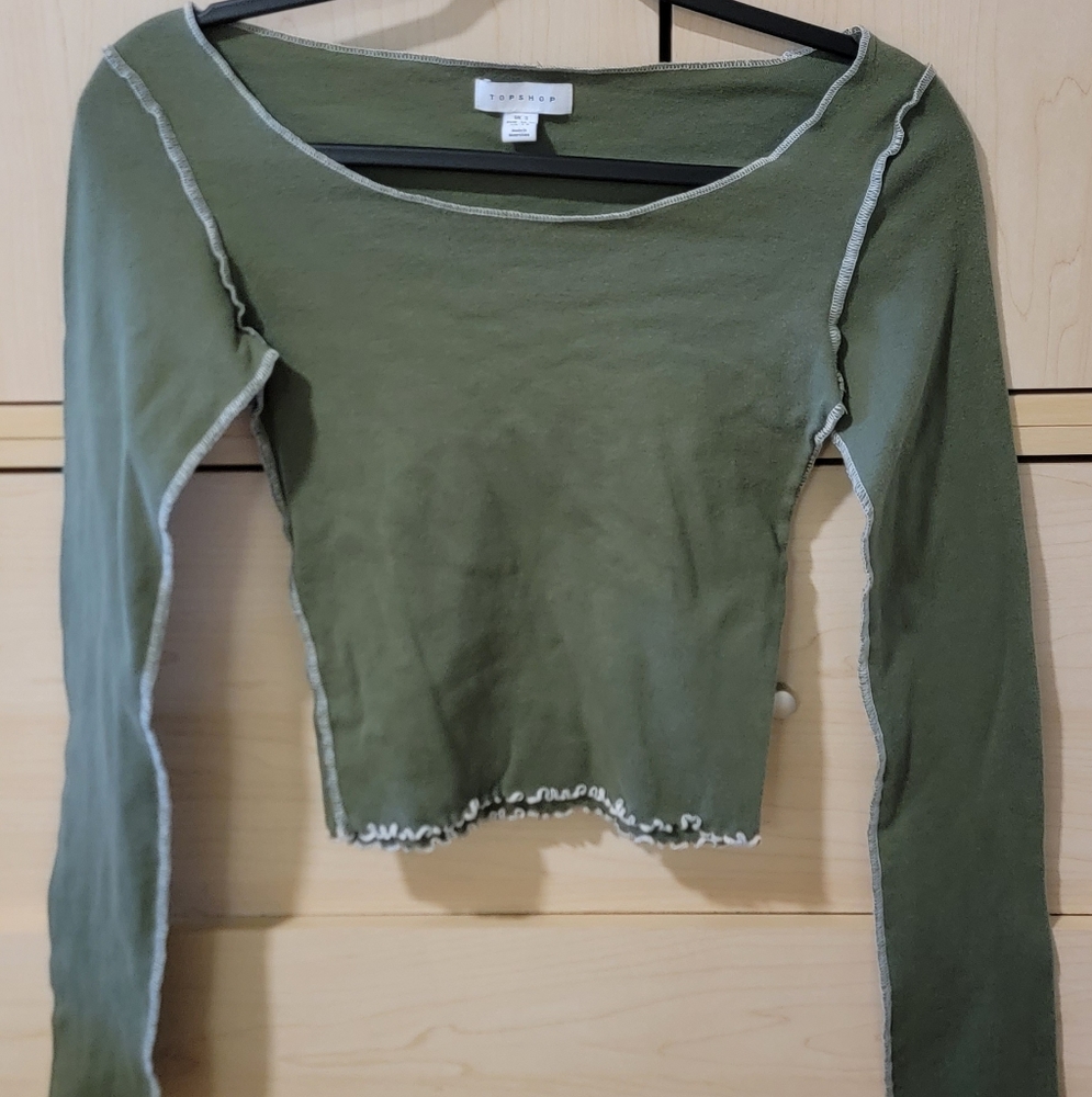 Top shop green and white trim long sleeve